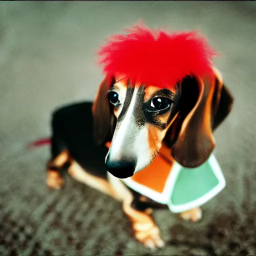 Image similar to Portrait of a dachshund wearing clown makeup, Leica m6, 85mm, fine-art photography, f/1.8, by Steve McCurry