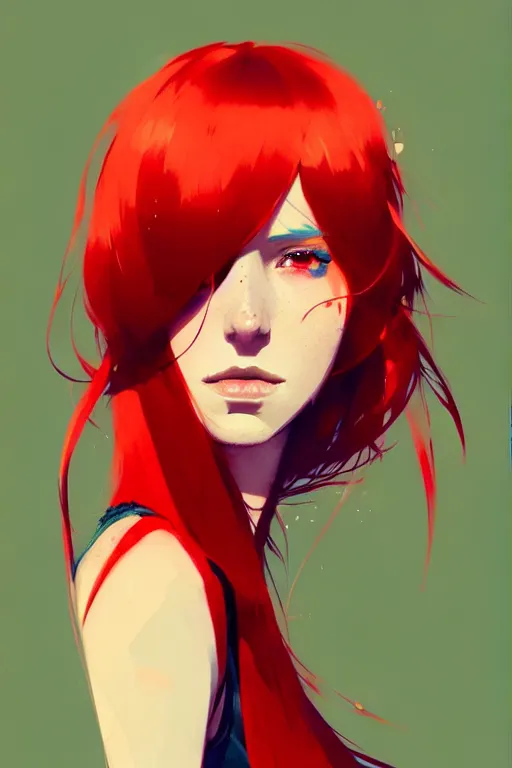 Image similar to a ultradetailed beautiful portrait panting of a stylish woman with red bangs, by conrad roset, greg rutkowski and makoto shinkai, trending on artstation