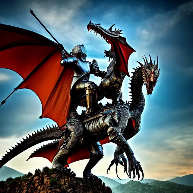 Image similar to knight riding a dragon, highly detailed, 8 k, hdr, smooth, sharp focus, high resolution, award - winning photo