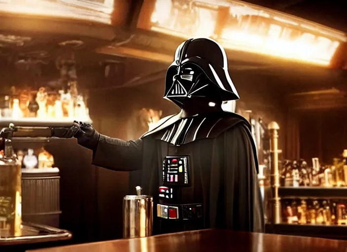 Prompt: film still of Darth Vader working as a bartender in the new Star Wars movie, 4k