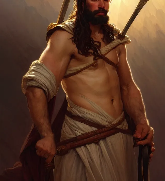 Prompt: portrait of biblical cain holding a spear, intricate, highly detailed, digital painting, artstation, concept art, sharp focus, cinematic lighting, illustration, art by artgerm and greg rutkowski, alphonse mucha, cgsociety