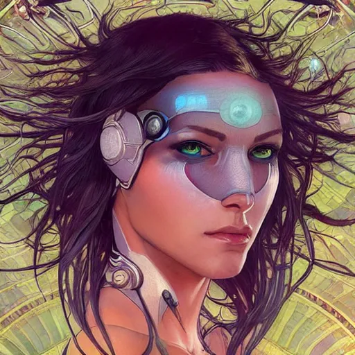 Image similar to cyborg, female, fantasy, bioluminiscence, flowing hair, portrait, highly detailed, digital painting, beautiful eyes, symmetry, concept art, sharp focus, illustration, art by artgerm and greg rutkowski and magali villeneuve and ilya kuvshinov! : : alphonse mucha : : - 0. 2