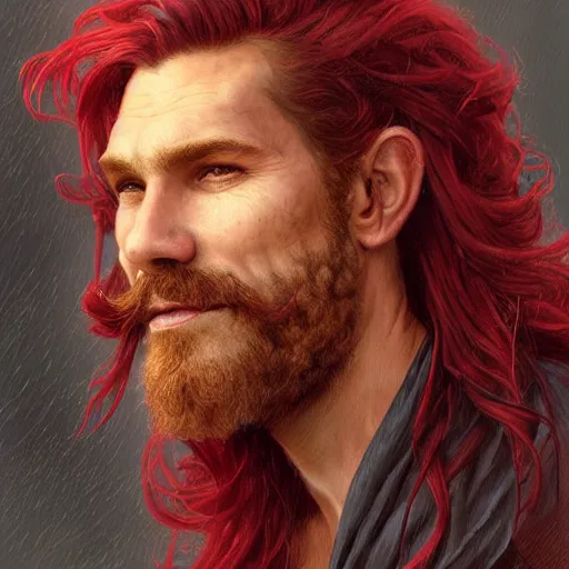 Prompt: portrait of a young ruggedly handsome but joyful pirate, male, masculine, upper body, red crimson crimson deep red hair, long long flowing hair, fantasy, proud smirk, intricate, elegant, highly detailed, digital painting, artstation, concept art, matte, sharp focus, illustration, art by artgerm and greg rutkowski and alphonse mucha