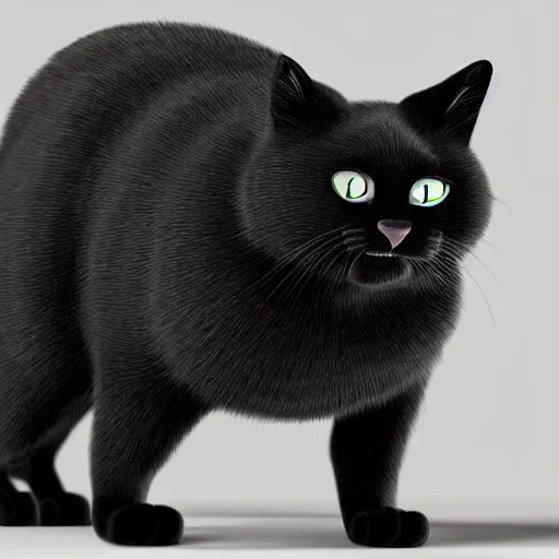 Image similar to highly detailed and photorealistic anthropomorphic chubby black cat dancing around a long and thin scratchpost