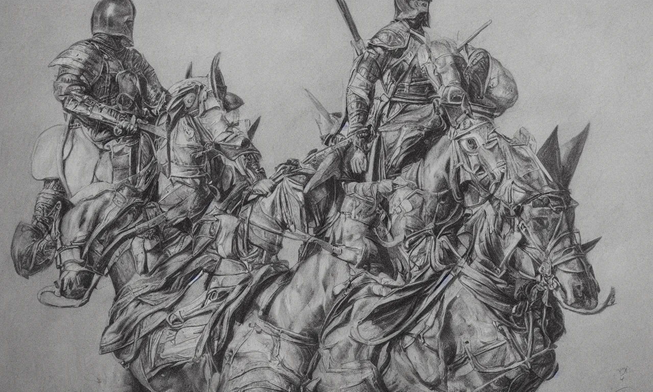 Prompt: a beautiful painting of a medieval soldier on a horse by frank godwin and moebius charcoal on paper