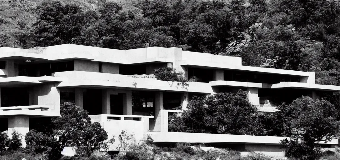 Image similar to dystopian house by frank lloyd wright. photograph by helmut newton.