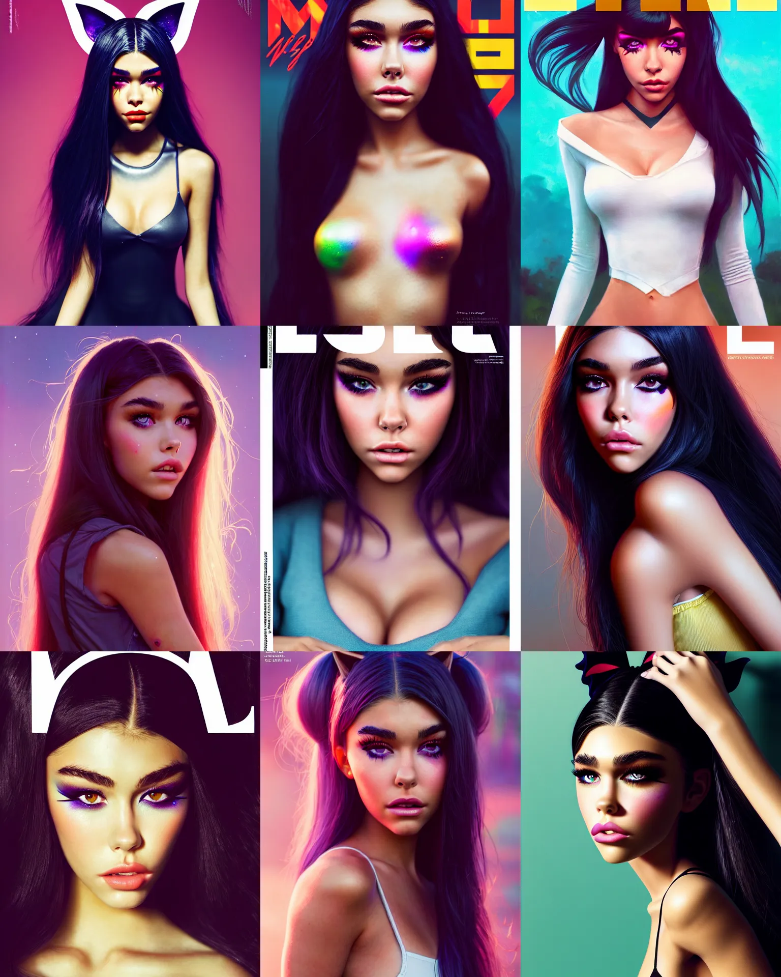 Prompt: a magazine cover portrait photo of madison beer : : college woman : : as catgirl by weta : : by greg rutkowski, wlop, rossdraws, artgerm, pixar, disney, marvel, colorful rave makeup, leeloo, unreal engine, glossy skin, pearlescent, shiny, 4 k, hdr, bright morning, : :