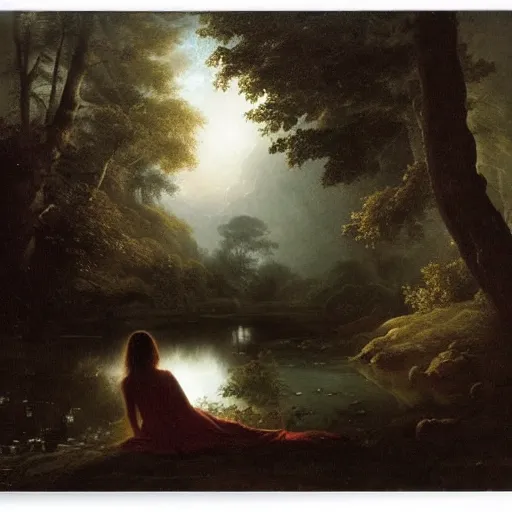 Prompt: girl in white dress sits by a pond in an apocalyptic dark forest at night, by john martin