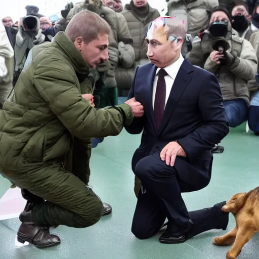 Image similar to Putin stay on knees like dog in cage and Zelenskiy feed him