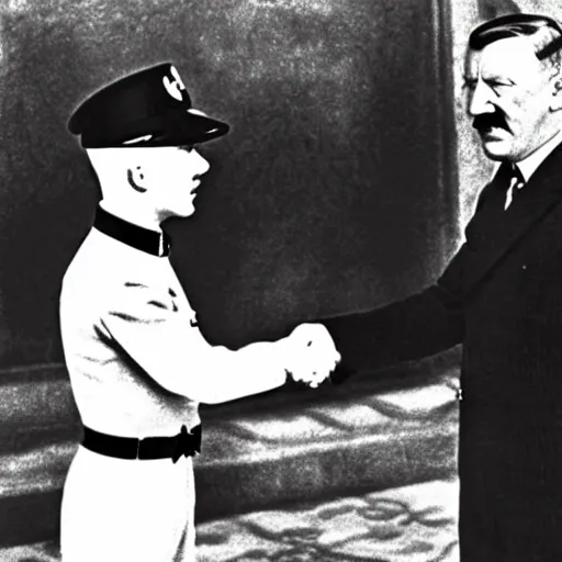 Prompt: tintin shaking hands with adolf hitler, 1 9 4 1, black and white photography, declassified archive
