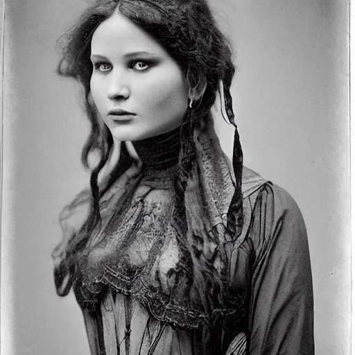 Prompt: victorian photograph of grace jennifer lawrence, angelina jolie, 1 8 9 0 s photography, 1 9 0 0, realistic face, symmetrical face, studio photograph, grainy, edwardian, old photo