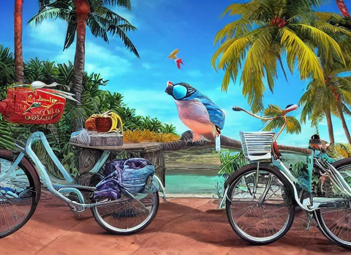 Image similar to 🚲🦜🌴🌞, lowbrow, 3 - d, detailed, in the style of adi granov,