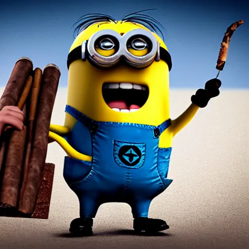 Prompt: brutal minion with cigar in mouth, holding shotgun