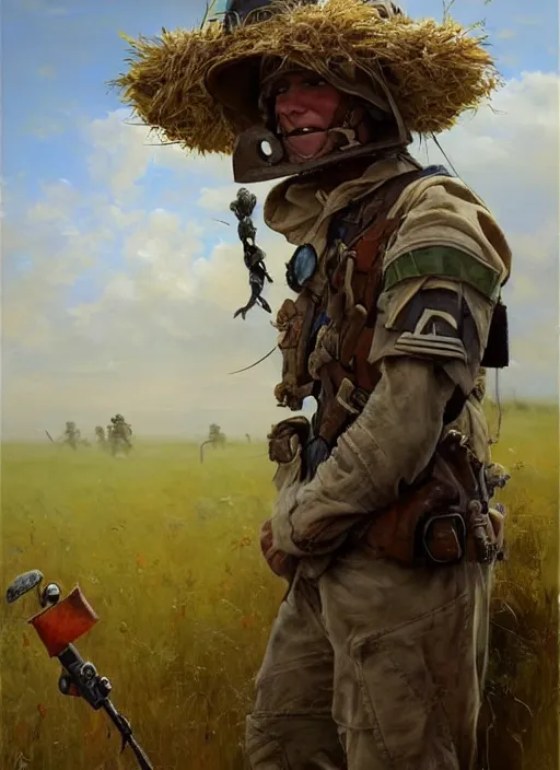Prompt: a soldier's helmet hung over a scarecrow in the middle of a battlefield. by Daniel F. Gerhartz, hyperrealistic oil painting, 4k, studio lightning, very detailed face