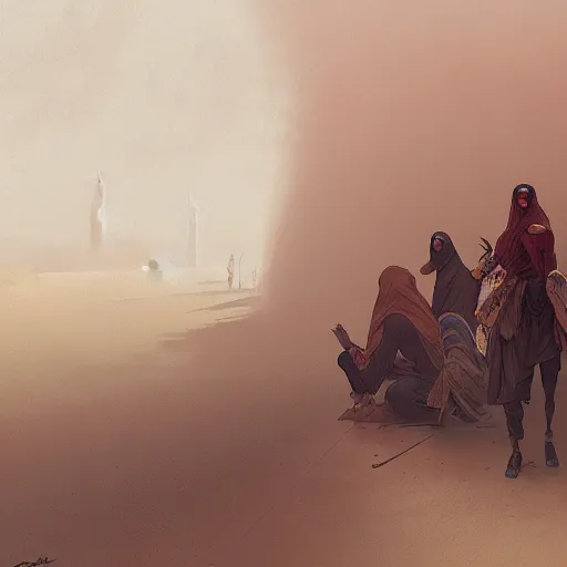 Prompt: sandstorm in marrakech, highly detailed, digital painting, artstation, concept art, sharp focus, illustration, art by greg rutkowski and alphonse mucha