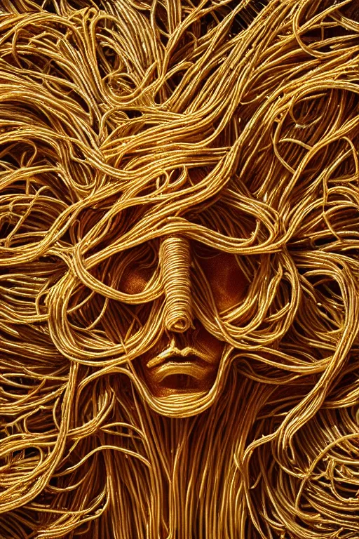 Prompt: ancient spaghetti god, holy regal spaghetti creature, shining white light, luxurious throne, mystical being with a face of spaghetti, intricate statue, gold, spaghetti face, detailed realistic painting, 4 k