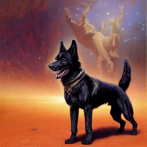 Prompt: fullbody of a black german shepard dogman man in trunks starfleet star trek risa. highly detailed painting by gaston bussiere craig mullins jc