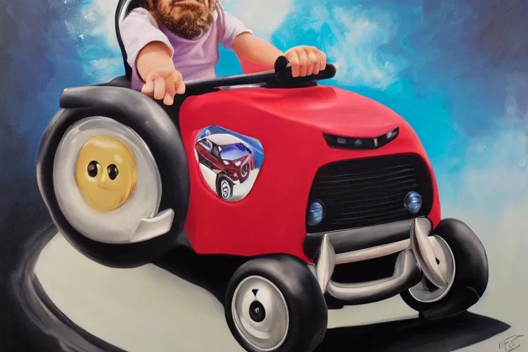 Image similar to black velvet painting of peter dinklage driving a little tikes crazy coupe