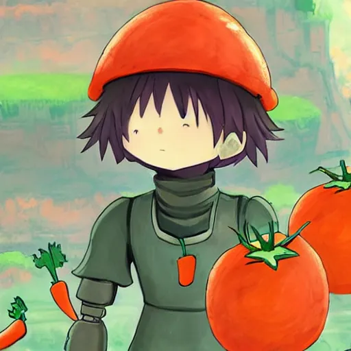 Image similar to cute human robot with big tomato hat and a carrot sword, made in abyss style