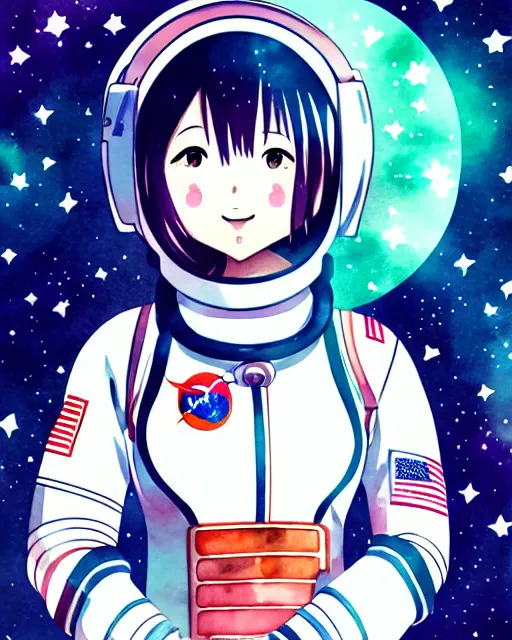 Prompt: oriental water color of a cute thicc female astronaut, floating through space, backlit, realistic anime, trending on pixiv