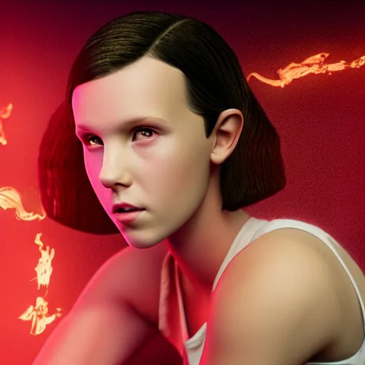 Image similar to Millie Bobby Brown made of fire, octane render