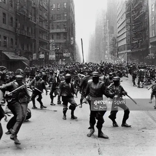 Image similar to old black and white photo, 1 9 1 3, depicting terminators rampaging through the bustling streets of new york city, historical record