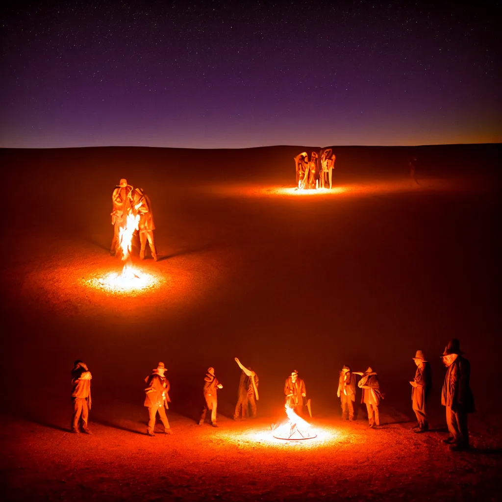 Prompt: atmospheric long exposure night photograph of three ravers, two men, one woman, woman is in a trenchcoat, blessing the soil at night, people facing fire circle, two aboriginal elders, dancefloor kismet, diverse costumes, clean composition, starlight bokeh, desert transition area, bonfire, atmospheric night, australian desert, symmetry, sony a 7 r