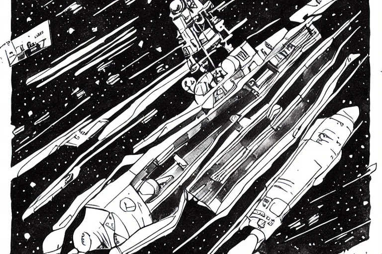 Prompt: space exploring battleship , beautiful line art, ink illustration, sketch, pure b&w