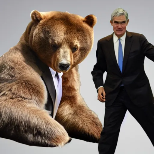 Prompt: photo of Jerome Powell holding a bear