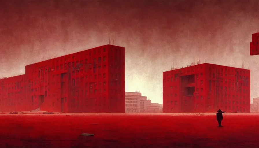 Image similar to only with red, soviet communism horror brutalist architecture apocalyptic with soviet flag, crowd cheering, in the style of beksinski and edward hopper and rodcenko and yue minjun and cory loftis, intricate and epic composition, red by caravaggio, highly detailed, masterpiece, red light, artstation, art nouveau