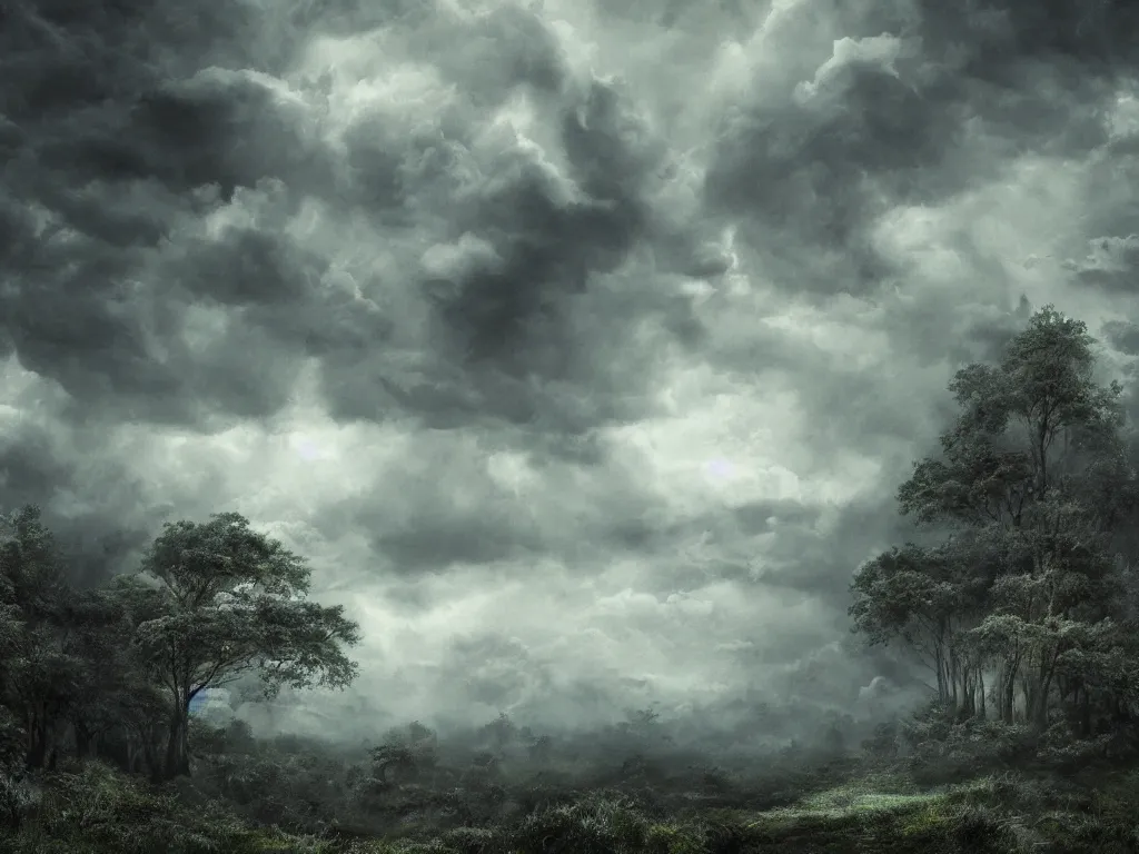 Prompt: detailed landscape, forests. very detailed dark super storm, hyper realistic clouds, impressive, magical, very atmospheric, smoke boiling, cinematic, deep, very high complexity, stunning, dramatic masterpiece, chiaroscuro, in the style of david holland and laura den hertog and michael creese, very detailed. 4 k