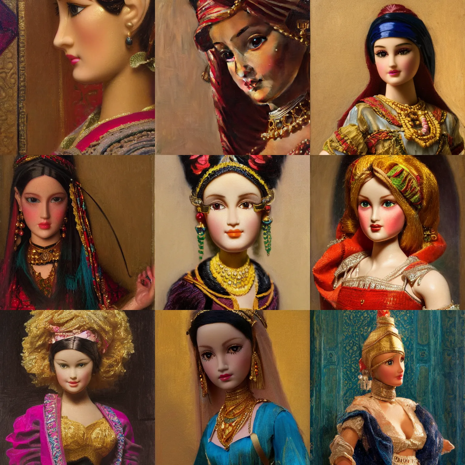 Prompt: orientalism character detail of a barbie doll by edwin longsden long and theodore ralli and nasreddine dinet and adam styka, masterful intricate art. oil on canvas, excellent lighting, high detail 8 k