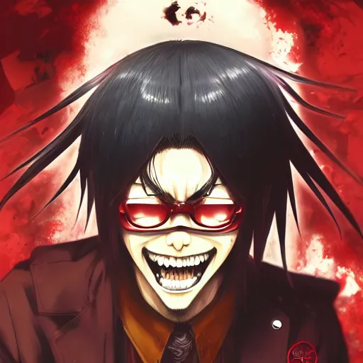 Image similar to crazy asian man as the caracter of hellsing anime by artgrem, greg rutkowski, ross tran, kuvshinov