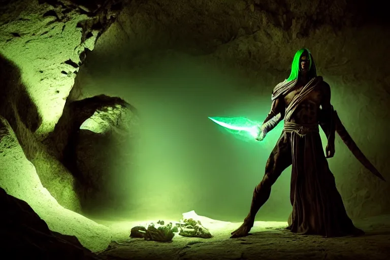 Image similar to vfx film, soul reaver, raziel irl, price of persia movie, missing jaw, hero pose, devouring magic souls, scarf, glowing green soul blade, in epic ancient sacred huge cave temple, flat color profile low - key lighting award winning photography arri alexa cinematography, hyper real photorealistic cinematic beautiful, atmospheric cool colorgrade