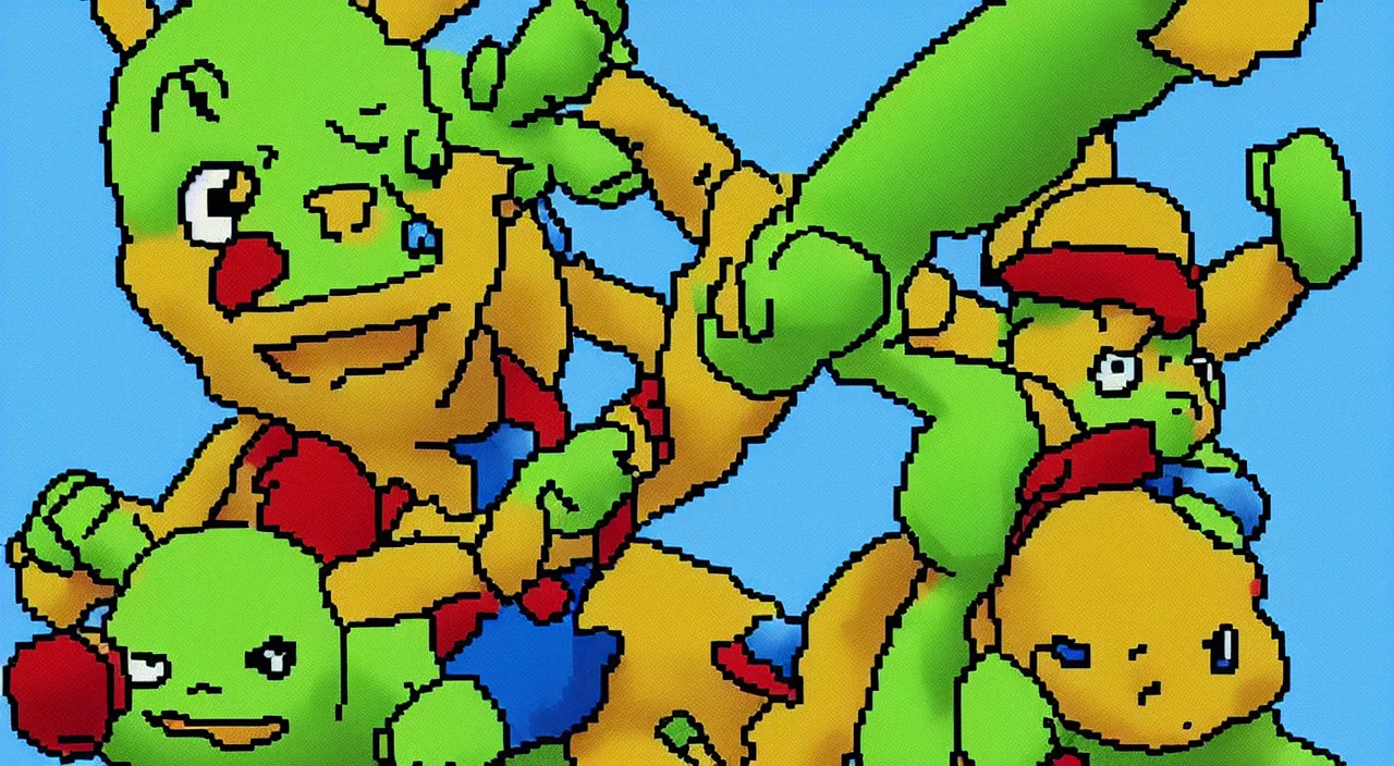 Image similar to pixel art, dithered professional artwork, fanart mashup, Pikachu and Mario and Shrek, Mario and Pikachu are staring confused at Shrek, High Resolution Pixel Artwork, trending, very very cute and detailed