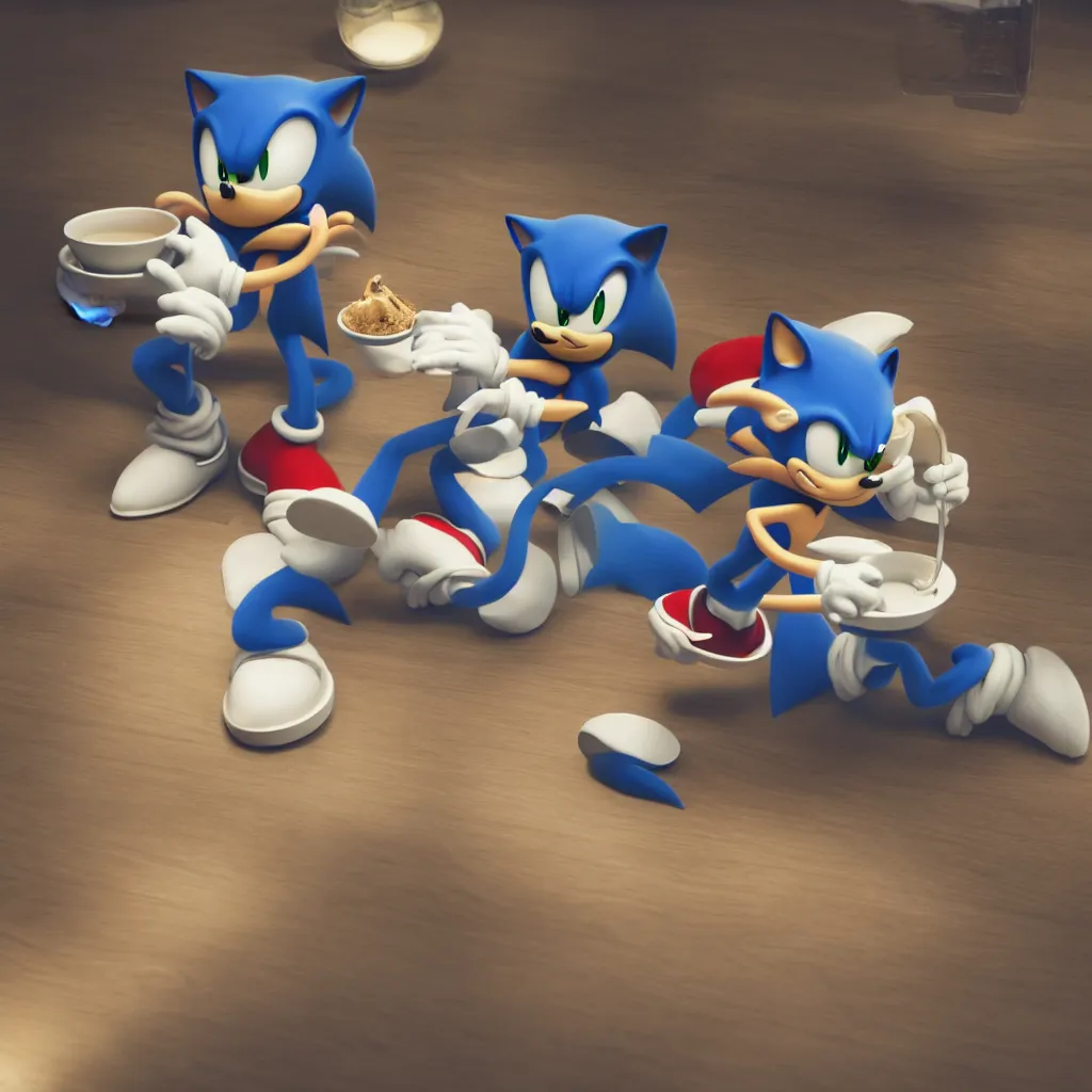 Image similar to Sonic having a cup of tea at starbucks. Beautiful composition, 3d render trending on artstation, medium shot, indoor smooth light