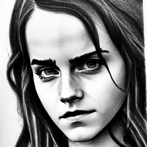 Image similar to emma watson in a demon slayer manga pencil, pencil and vine charcoal drawing, on medium grade paper, indian ink, variable lineart, grayscale, manga tones, detailed, set in hell, threatening an oompa loompa, hyper realistic, manga, beautiful