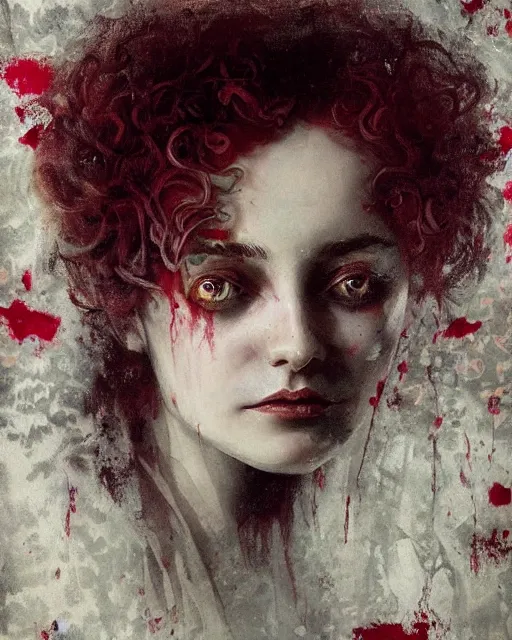 Prompt: a beautiful but sinister girl in layers of fear, with haunted eyes and curly hair, 1 9 7 0 s, seventies, floral wallpaper, delicate embellishments, a little blood, crimson, painterly, offset printing technique, by nikolay makovsky