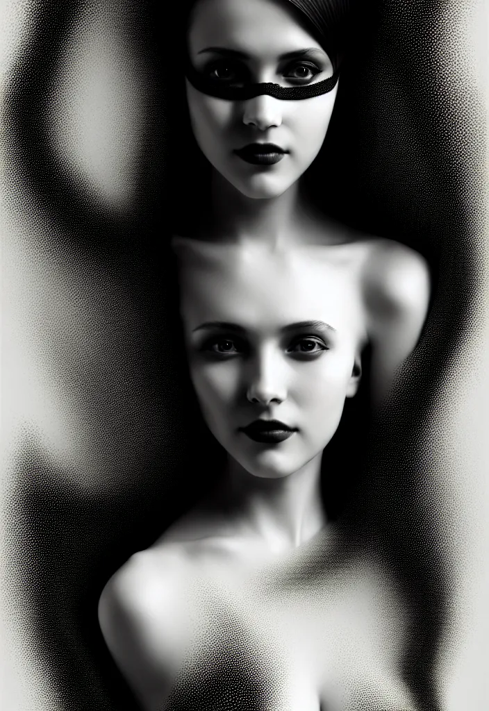 Prompt: portrait of a young beautiful woman with a partially covering mask. fractal, mandelbulb technique. black and white, black on black. intricate, elegant, super highly detailed, professional digital painting, smooth, extreme illustration, Photorealism, HD quality, 8k resolution, 3D, beautiful, cinematic, art. art deco, art nouveau.