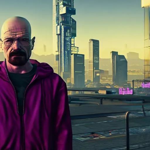 Prompt: walter white from breaking bad in cyberpunk 2 0 7 7 with futuristic city, 4 k, hyper realistic, synthwave, vapor wave, futuristic, advanced