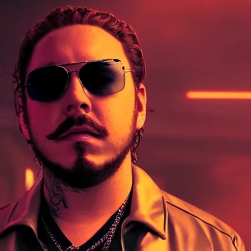 Image similar to post malone in bladerunner 2049, portrait, dramatic shot,