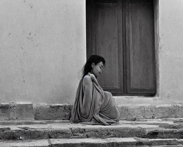 Prompt: Sappho chilling in the streets of Ancient Greece, candid, 35mm film, by Fan Ho