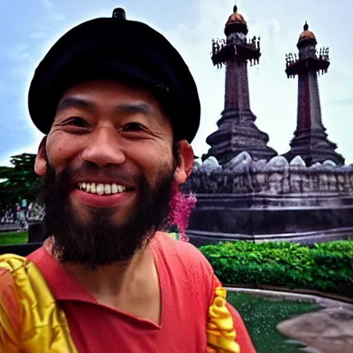 Image similar to ferdinand magellan taking a selfie at rizal park, realistic, shot on an iphone