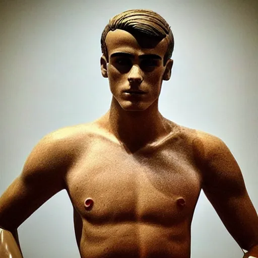 Image similar to “ a realistic detailed photo of a guy who is an attractive humanoid who is half robot and half humanoid, who is a male android, soccer player antoine griezmann, shiny skin, posing like a statue, blank stare, at the museum, on display ”