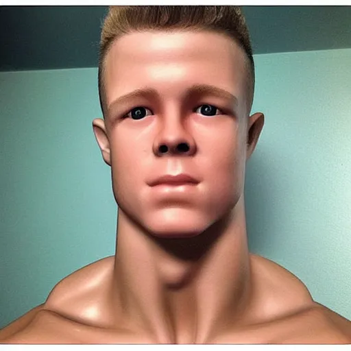 Image similar to “ a realistic detailed photo of a guy who is an attractive humanoid who is half robot and half humanoid, who is a male android, football player christian mccaffrey, shiny skin, posing like a statue, blank stare, on the bed, on display ”