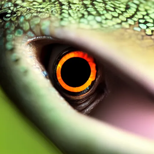 Image similar to closeup of a frog with the eyes of a house - fly, creature hybrid, high resolution photo, trending on artstation, 8 k