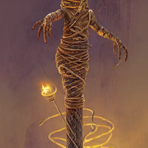 Prompt: a mummy with a snake head, bound on a totem, by greg rutkowski, in the style of magic the gathering