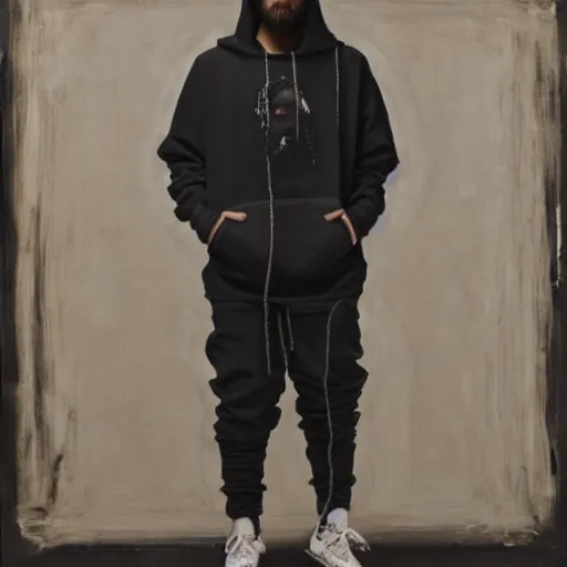 Image similar to a full body portrait of modern day jesus wearing jerry lorenzo streetwear hoodie and pants by nicola samori, oil painting, smudges, realistic, 8 k, adidas sneakers style