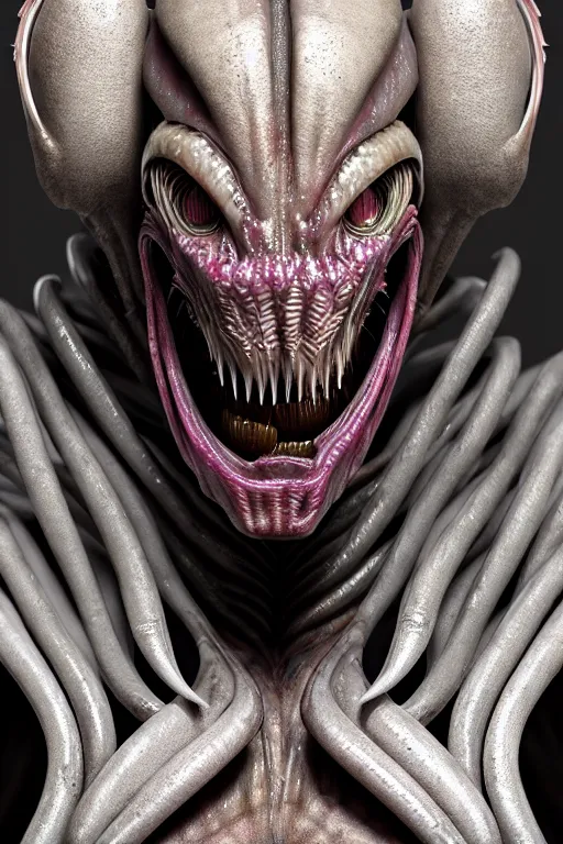 Image similar to skin concept, alien, biopunk, plant predator, predator, teeth, many details, crystals, guyver style, 3 d, cinematic, hyper realism, high detail, octane render, art by hans giger