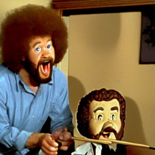 Image similar to bob ross screaming at pinocchio